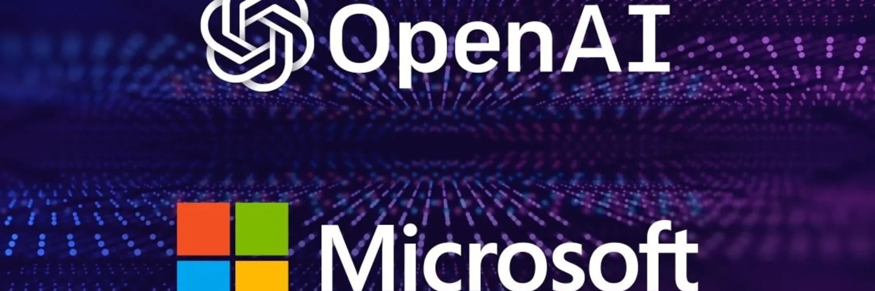 Логотипи OpenAI і Microsoft на фіолетово-синьому цифровому тлі з частинками
