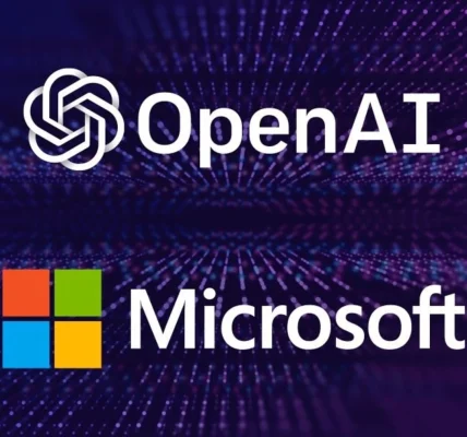 Логотипи OpenAI і Microsoft на фіолетово-синьому цифровому тлі з частинками