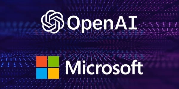 Логотипи OpenAI і Microsoft на фіолетово-синьому цифровому тлі з частинками