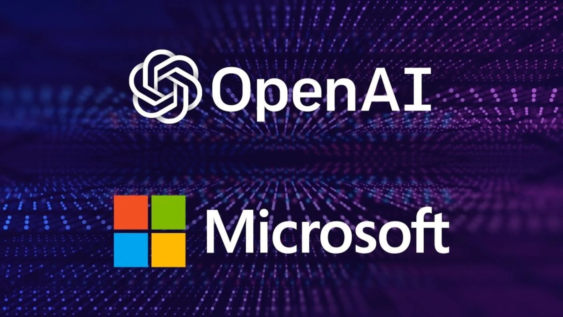 Логотипи OpenAI і Microsoft на фіолетово-синьому цифровому тлі з частинками