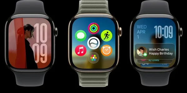 Три Apple Watch з різними циферблатами: портрет, сітка іконок і віджет дня народження