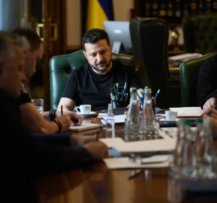 Зеленський у чорній футболці сидить за столом наради в кабінеті з прапором